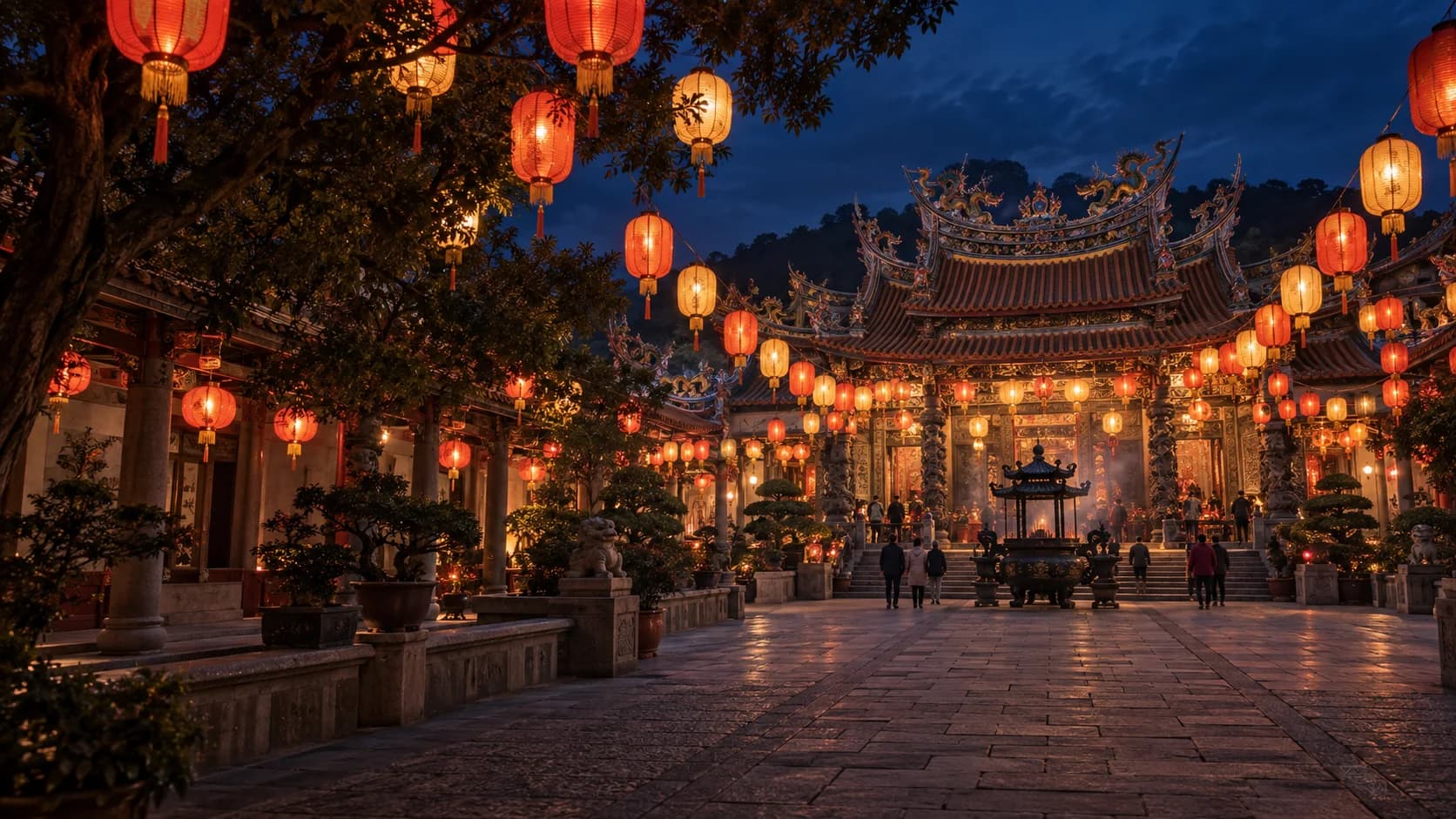 春節燈會中的台灣廟宇夜景